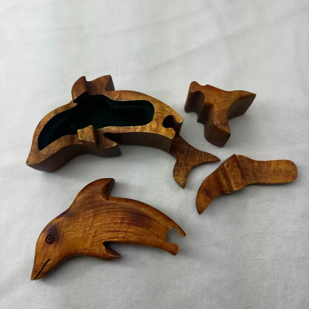 Wooden Dolphin Puzzle Treasure Box Moveable Puzzle 3D Coastal Jewelry Box